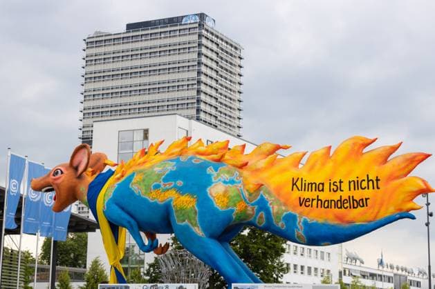Burning kangaroo with the inscription CLIMATE IS NOT TREATABLE by Düsseldorf artist Jacques Tilly on the United Nations Square The Bonn Climate Change Conference from 05 15 June 2023 at the World Conference Center Bonn WCCB is a preparatory conference for the World Climate Summit in Dubai COP28 in November December 2023 07 06 2023 Bonn Gronau NRW Germany