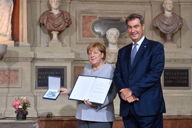 Markus SOEDER Prime Minister of Bavaria and CSU Chairman with Angela MERKEL Award of the Bavarian Order of Merit to Chancellor a D Dr Angela Merkel on 21 06 2023 in the Antiquariat of the Residenz in Munich