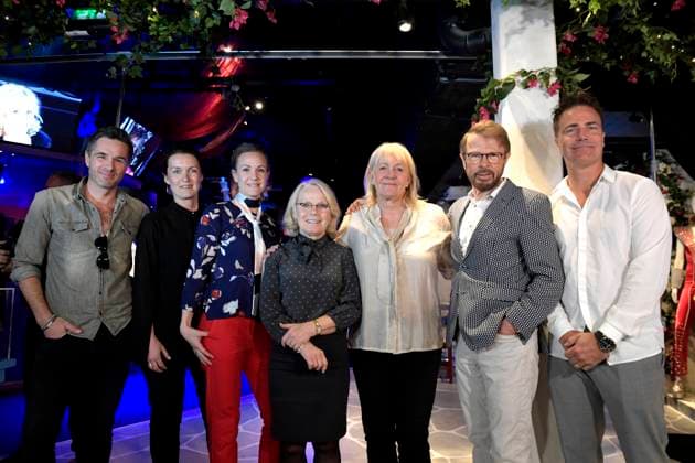 STOCKHOLM 20180507 Björn Ulvaeus gave a speech at the opening of the new interactive exhibition at the ABBA Museum Participating in the opening ceremony were, from left, Peter Jöback, Mia Segoldsson, Caroline Fagerlind, Görel Hanser, Ing Marie Halling, Björn Ulvaeus and Mattias Tengblad STOCKHOLM SWEDEN x10010x  Copyright: xJanerikxHenriksson TTx ABBA MUSEUM