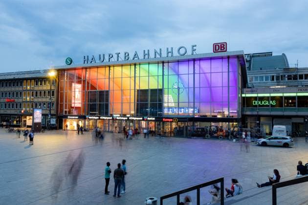 Pride Month in Cologne Central Station The entrance hall of the station shines in the rainbow colors since 01 June 2023 from 21 clock The illumination can be viewed until Christopher Street Day CSD from 07 to 09 July 2023 27 06 2023 Cologne NRW Germany