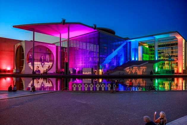 Film and light projection in the parliamentary district Germany, Berlin summer 2023 The facade of the Marie Elisabeth Lüders house as light stage of the half-hour installation with the title Dem deutschen Volke Eine parlamentarische Spurensuche vom Reichstag zum Bundestag