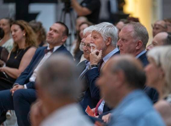 Czech President Petr Pavel, center, attends the memorial concert of the Memorial of Silence dedicated to victims of Terezin family camp in Auschwitz-Birkenau, on July 13, 2023, in Prague, Czech Republic. (CTKxPhoto MichaelaxRihova) CTKPhotoP2023071308147  CTKPhotoP2023071308147