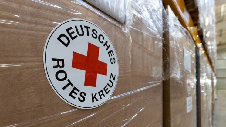 19 07 2023, Germany, Saxony, Dresden, view of the new rescEU logistics center of the German Red Cross, DRK Landesverband Sachsen e V , Bremer Straße 10a, a significant part of the European Pandemic Reserve is stored here.
