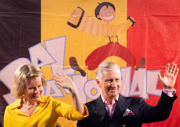 King Philippe - Filip of Belgium and Queen Mathilde of Belgium pictured during the Bal National festivities, an evening of concerts on the eve of Belgium s National Day in the Marolles - Marollen neighbourhood in Brussels, Thursday 20 July 2023. BENOITxDOPPAGNE 70870870