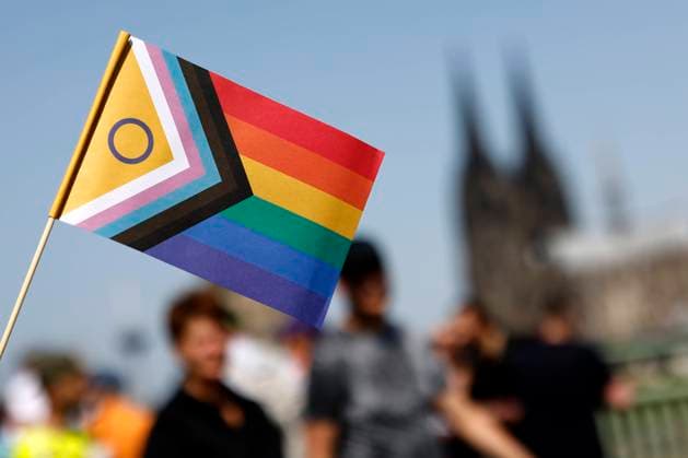 A Progressive Pride flag in rainbow colors at Christopher Street Day 2023 in Cologne As part of the CSD, a three-day street festival is celebrated in Cologne under the motto For Human Rights Many Together Strong ColognePride is the second largest Copyright: xChristophxHardtx