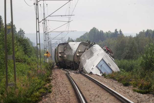 HUDIKSVALL 20230807 An SJ train with 120 passengers derailed on Monday between Iggesund and Hudiksvall Three people have been taken to hospital, according to the police The train was on its way from Stockholm to Sundsvall when the two front wagons of a total of four derailed just south of Hudiksvall The embankment was undermined as a result of heavy rain HUDIK  Copyright: xMatsxAndersson TTx TAGOLYCKA HUDIKSVALL TTABB0000000000205199