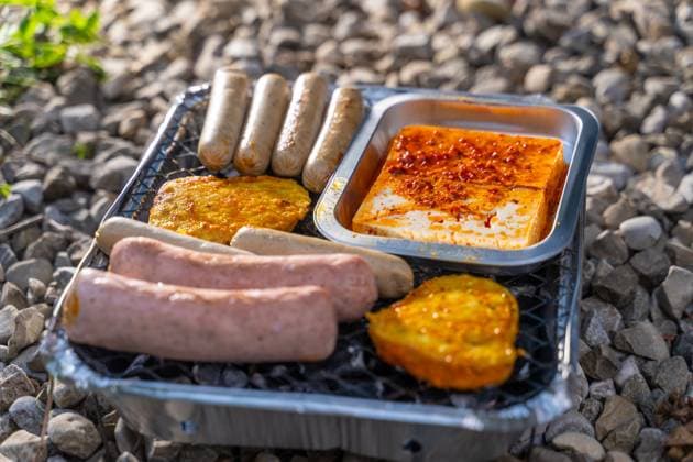 Bavaria, Germany - 2 September 2023: Vegetarian Grilling, Bratwurst Vegan and Vegetarian on a disposable grill on pebbles next to a meadow. Meat and sausage substitutes