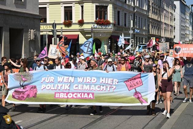 Large demonstration under the slogan BLOCKIAA ,Demo on 10 09 2023 in Munich Demonstrators on the way to the Karolinenplatz for the final rally IAA Mobility 2023 in the Messe Riem of 05 09 10 09 2023 in Munich Border motif lettering IAA MOBILITY
