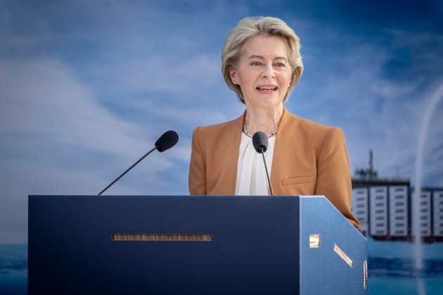 The President of the European Commission, Ursula Von Der Leyen, speaks in connection with the naming of Maersk s first container ship, which sails on green methanol, on the Esplanade in Copenhagen, Thursday 14 September 2023 The ship was built in South Korea and is the first of a series on 26 con  Copyright: RitzauxScanpix MadsxClausxRasmussenx COP14399 spdk20230914-124559-L