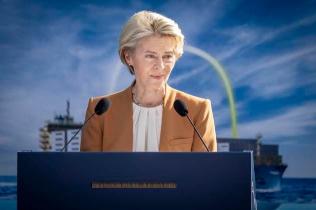 The President of the European Commission, Ursula Von Der Leyen, speaks in connection with the naming of Maersk s first container ship, which sails on green methanol, on the Esplanade in Copenhagen, Thursday 14 September 2023 The ship was built in South Korea and is the first of a series on 26 con  Copyright: RitzauxScanpix MadsxClausxRasmussenx COP14399 spdk20230914-124157-L