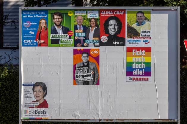 Bavarian state election billboard in Hallbergmoos, poster of the satirical party DIE PARTEI motto Fuck you all 12 09 2023 Hallbergmoos, Bavaria, Germany, Europe