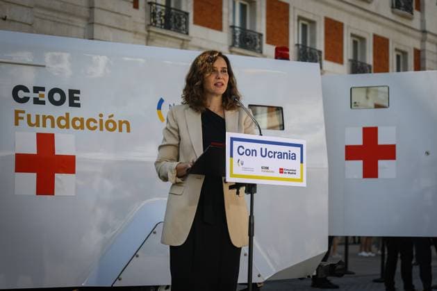 September 20, 2023, Madrid, Spain: The president of the Community of Madrid, Isabel Diaz Ayuso addresses those present during the ceremony for the delivery of an armored ambulance by the Spanish Confederation of Business Organizations (CEOE) to Ukraine, in Madrid. The CEOE Foundation, in collaboration with the Embassy of Ukraine and the Community of Madrid, held an event to present the armored and equipped medical vehicle that will be destined for Ukraine. Madrid Spain - ZUMAs197 20230920_aaa_s197_236 Copyright: xDavidxCanalesx