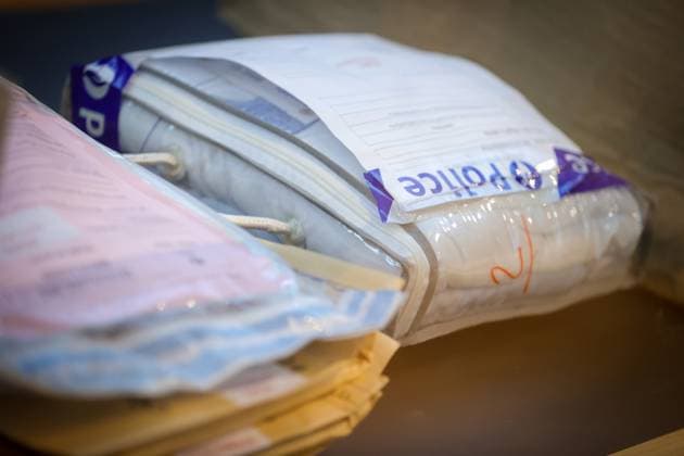 Pieces of evidence pictured during the jury constitution session at the assizes trial of Massy for the death of her baby son Enzo, before the Assizes Court of Hainaut Province in Mons on Thursday 21 September 2023. Massy is on trial for the murder of her nine-month-old son Enzo. VIRGINIExLEFOUR 74584687