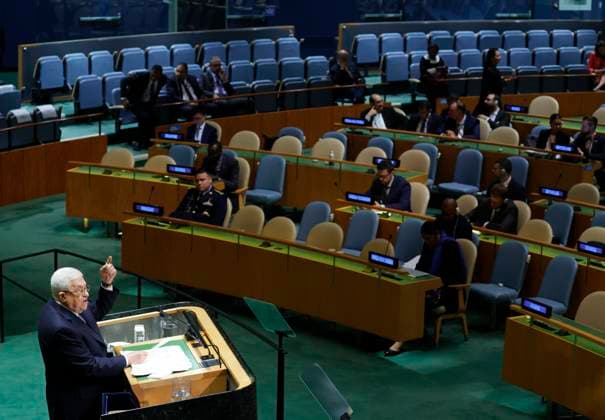 President State of Palestine Mahmoud Abbas speaks at the UN General Assembly 78th session General Debate in UN General Assembly Hall at the United Nations Headquarters on Thursday, September 21, 2023 in New York City.  NYP20230921129 JOHNxANGELILLO
