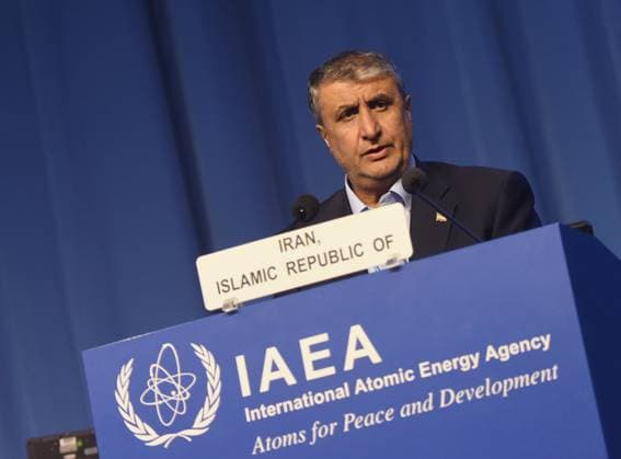 (230925) -- VIENNA, Sept. 25, 2023 -- President of the Atomic Energy Organization of Iran (AEOI) Mohammad Eslami delivers a speech at the 67th General Conference of the International Atomic Energy Agency (IAEA) in Vienna, Austria, on Sept. 25, 2023. Iran s atomic chief said on Monday that despite the unilateral cruel sanctions, the country will continue peaceful activities in the field of nuclear science and technology to promote the well-being of the Iranian people. ) AUSTRIA-VIENNA-IRAN-ATOMIC CHIEF-SPEECH HexCanling 