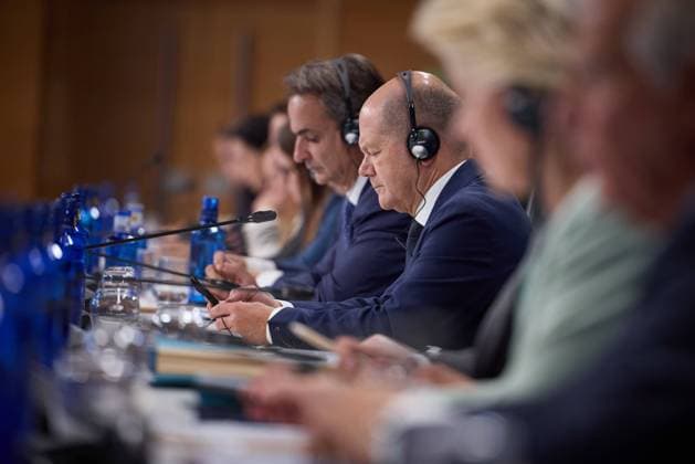 German Chancellor Olaf SCHOLZ at the Europe Summit in Granada on 05 10 2023 EU Summit with Emmanuel Macron President of the French Republic President visits Spain to participate in the 3rd Europea