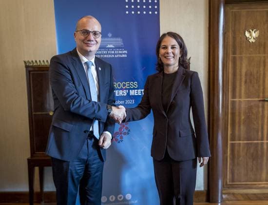 Annalena Baerbock Buendnis 90 Die Gruenen , German Foreign Minister, participates in the meeting of Foreign Ministers of the Berlin Process on the Western Balkans in Tirana, Albania Here with the Foreign Minister of Albania, Igli Hasani Tirana Albania Copyright: xThomasxKoehlerx