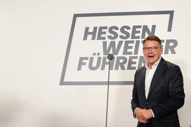 State election in Hesse 2023 election winner Boris Rhein joyfully and laughing enters the stage before his statement after the announcement of the election results of the state election 2023 in Hesse, Wiesbaden, 08 10 2023 Wiesbaden Hesse