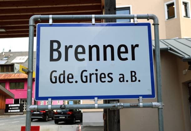 Brenner, Tyrol, Austria, 10 October 2023 Here the place name sign, place name sign of Brenner, Austrian side, municipality Gries am Brenner, traffic sign, symbol picture,Brenner Pass