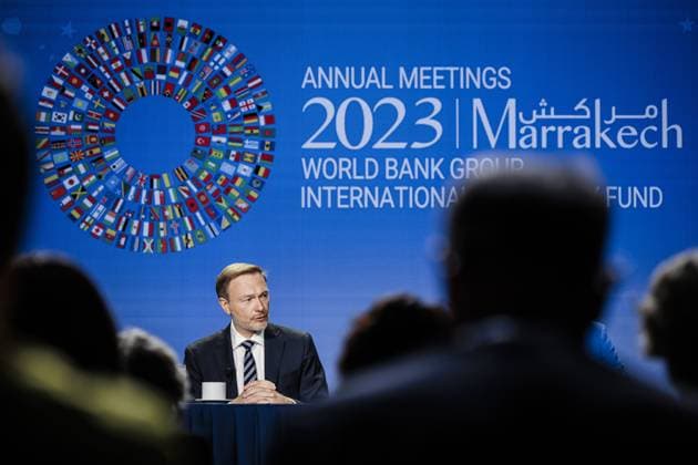 Christian Lindner FDP , Federal Minister of Finance, together with Joachim Nagel, President of the Deutsche Bundesbank at a Joint Press Breakfast in the context of the Annual Meetings of the IMF and the World Bank in Marrakech Morocco , 13 10 2023 Marrakech Morocco Copyright: xFelixxZahnx