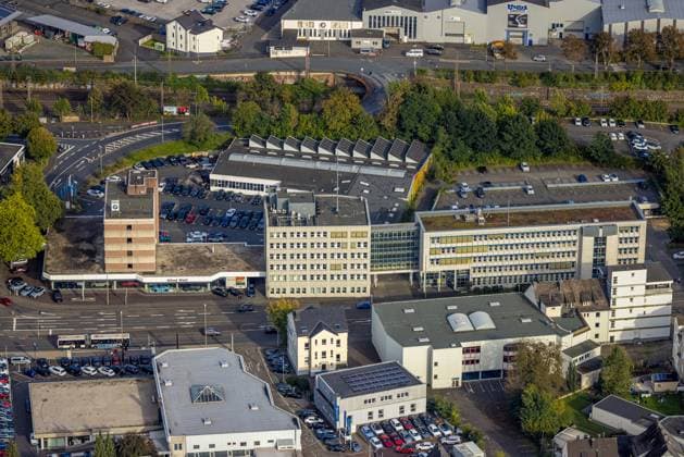 Aerial view, district police station Siegen, BMW Autohaus Wahl, Weidenau West, Siegen, Siegerland, North Rhine-Westphalia, Germany ATTENTIONxMINESTHONORARx60xEURO