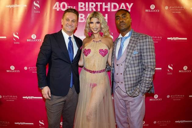 Adriano Hess, Micaela Schäfer, Simon Webbe Boyband BLUE at Micas 40th Birthday Bash Party at Bellucci Restaurant Berlin