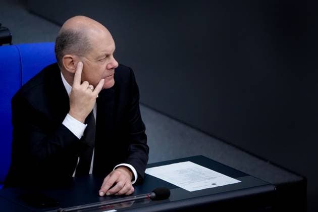 134 Bundestag session and debate Federal Chancellor Olaf Scholz SPD in portrait on the government bench at the 134th session of the German Bundestag in Berlin, 09 11 2023 Berlin Berlin Germany