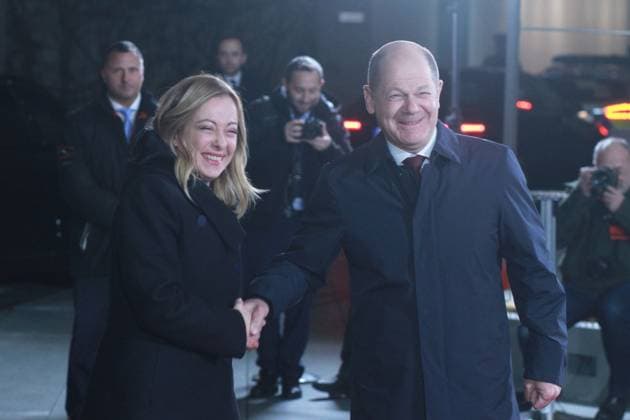 Berlin, Germany, 22 11 2023 Italian Prime Minister Giorgia Meloni, left, is received by Federal Chancellor Olaf Scholz SPD, right, at the Federal Chancellery The program includes government consultations between Germany and Italy Copyright: xdtsxNachrichtenagenturx dts_26176