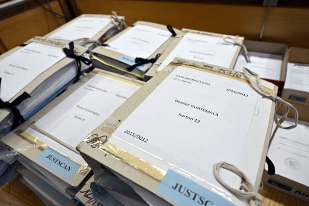 Pieces of evidence pictured during the jury constitution session at the assizes trial of five former Guatemalan government members for the murders of three Belgian missionaries in the 1980s at the Assizes Court of Leuven, Wednesday 29 November 2023. The five accused, once government and army leaders in Guatemala, are on trial for the murder of three Belgian missionaries in Guatemala, and the kidnapping and torture of a fourth. ERICxLALMAND 81102602
