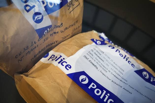 Pieces of evidence pictured during the jury constitution session at the assizes trial of Dambremont, before the Assizes Court of Hainaut Province, in Mons, on Thursday 30 November 2023. The 26 years old mother is accused of a murder attempt and the actual murder of her seven-month-old baby son Yann in 2019. VIRGINIExLEFOUR 81172069