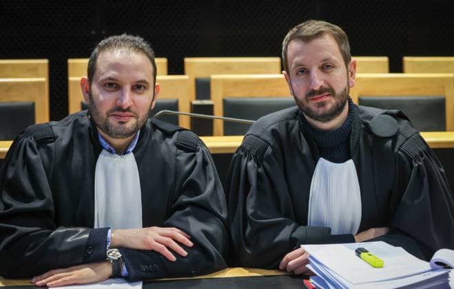 Lawyer Ricardo Bruno and Lawyer Regis Brocca pictured before the jury constitution session at the assizes trial of Dambremont, before the Assizes Court of Hainaut Province, in Mons, on Thursday 30 November 2023. The 26 years old mother is accused of a murder attempt and the actual murder of her seven-month-old baby son Yann in 2019.  VIRGINIExLEFOUR 81172097