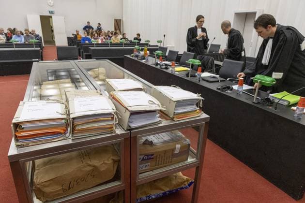 Pieces of evidence pictured during the jury constitution session for the trial of Hotaj and Murati, before the Assizes Court of East-Flanders in Gent on Friday 08 December 2023. Two Albanian men, Hotaj and Murati, are accused of killing their fellow countryman Festim Kalaj, at a cannabis plant in Zwalm, in 2019. His body was recovered from the Ringvaart in Lievegem 10 days after he was killed. NICOLASxMAETERLINCK 81769470