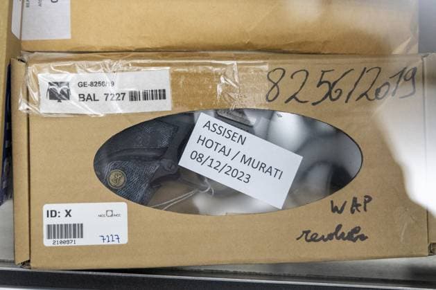 Pieces of evidence pictured during the jury constitution session for the trial of Hotaj and Murati, before the Assizes Court of East-Flanders in Gent on Friday 08 December 2023. Two Albanian men, Hotaj and Murati, are accused of killing their fellow countryman Festim Kalaj, at a cannabis plant in Zwalm, in 2019. His body was recovered from the Ringvaart in Lievegem 10 days after he was killed. NICOLASxMAETERLINCK 81769477