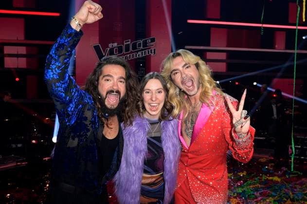 Tom Kaulitz, Malou Lovis Kreyelkamp and Bill Kaulitz in the final of the 13th season of the casting show The Voice of Germany 2023 at Studio H Berlin Adlershof Berlin, 08 12 2023 Foto:xF.xKernx xFuturexImagex voice_finale_3364