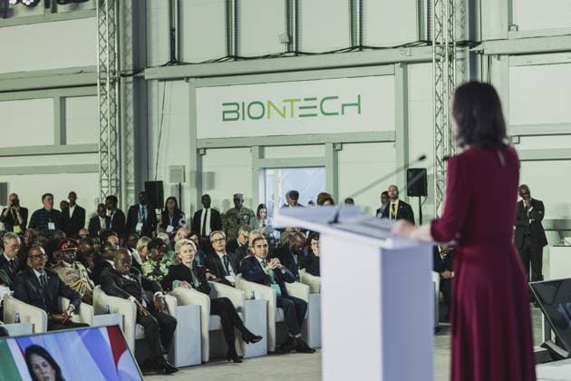 Annalena Baerbock Buendnis 90 Die Gruenen , Federal Foreign Minister, pictured at the inauguration ceremony for Biontechs mRNA vaccine production facility in Kigali, 18 12 2023 Baerbock travels to Rwanda for bilateral talks and to inaugurate the first mRNA vaccine production facility in Africa Kigali Rwanda Copyright: xFlorianxGaertnerx