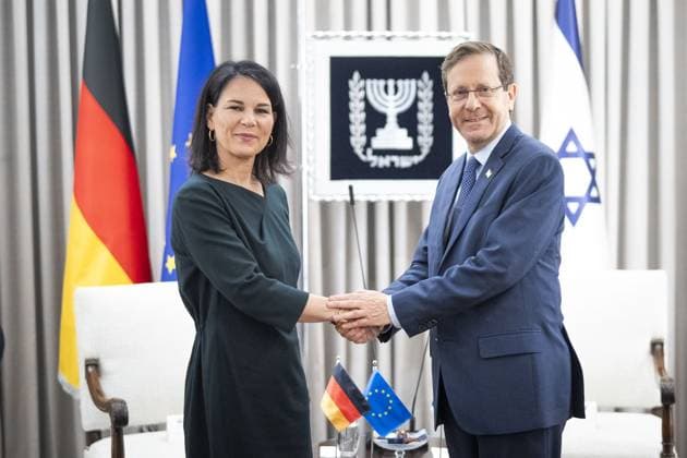 Federal Foreign Minister Annalena Baerbock Buendnis 90 Die Gruenen at the meeting with the President of the State of Israel, Mr. Yitzchak Herzog Baerbock travels from 07 01 14 01 2024 to Israel, the Palestinian Territories, the Arab Republic of Egypt, the Lebanese Republic, the Republic of the Philippines, Malaysia and the Republic of Singapore Tel Aviv Is Copyright: xDominikxButzmannx