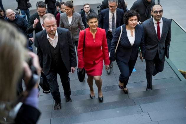 Christian Leye, Sahra Wagenknecht, Amira Mohamed Ali and Shervin Haghsheno before a press conference on the founding of the party Bündnis Sahra Wagenknecht Vernunft und Gerechtigkeit on 08 01 2024 at the Haus der Bundespressekonferenz in Berlin Photo bildgehege Press conference Bündnis Sahra Wagenknecht