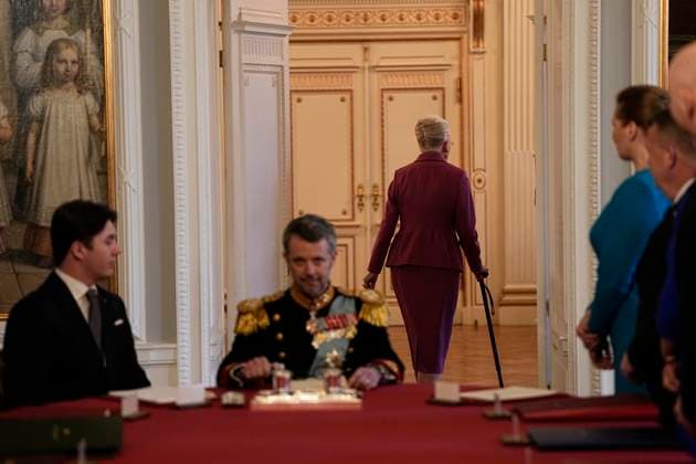 After signing the declaration of abdication Queen Margrethe leaves the meeting of the Council of State at Christiansborg Castle in Copenhagen on Sunday 14 January 2024 On 31 December 2023, the queen announced that she would abdicate on 14 January and that the crown prince would be Denmark s regent from that day feature match, Copenhagen Denmark  Copyright: MadsxClausxRasmussenx COP15493 spdk20240114-142625-L