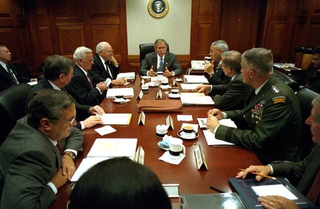 Bush Meets National Security Advisors Washington, DC - September 20, 2001 -- United States President George W. Bush meets with his national security advisors in the Situation Room of the White House prior to addressing a Joint Session of Congress on September 20, 2001. Left to right: CIA Director George J. Tenet; Attorney General John Ashcroft; Secretary of the Treasury Paul O Neill; Vice President Dick Cheney; President George W. Bush; Secretary of State Colin Powell; Secretary of Defense Donald Rumsfeld; Henry J. Shelton, Chairman, Joint Chiefs of Staff; Andy Card, White House Chief of Staff. Deputy Secretary of Defense Paul Wolfowitz is at the far left of the photo. Mandatory Credit: Eric Draper - The White House via CNP Washington Di Copyright: xx NSC meeting 9.20 P7588-29 EricxA.xDraperx cnpphotos033152