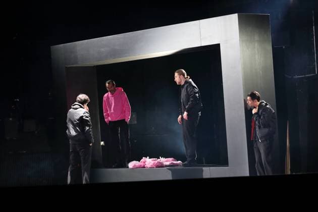 Emre Aksizoglu, Mehmet Yilmaz, Tim Freudensprung and Doga Gürer, from left, during the photo rehearsal for the play Dog, Wolf, Jackal at the Maxim Gorki Theater in Berlin, 8 February 2024 By Behzad Karim Khani Directed by Nurkan Erpulat Stage by Magda Willi Costumes by Dennis Ennen Premiere is on 10 February 2024 Maxim Gorki Theater Berlin Dog, Wolf, Jackal