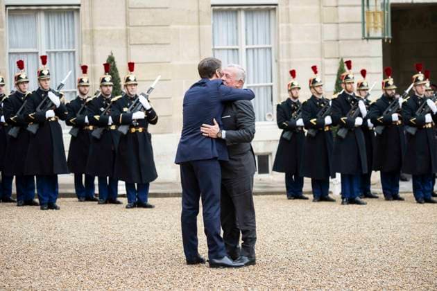 President Macron Welcomes King Abdullah II - Paris French President Emmanuel Macron welcomes King Abdullah II of Jordan before a meeting at the Elysee Palace in Paris, on February 16, 2024. Photo by Eliot Blondet ABACAPRESS.COM Paris France  Copyright: xBlondetxEliot ABACAx