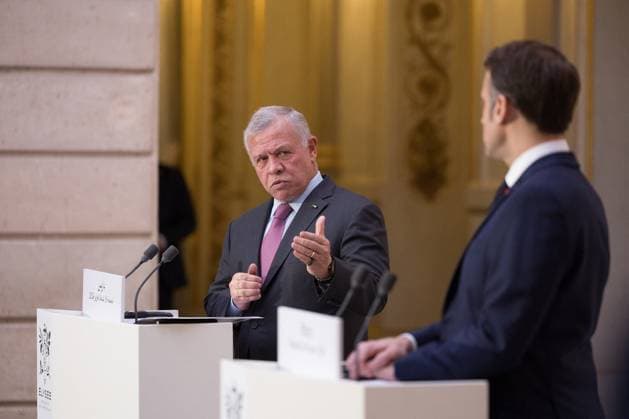 President Macron Welcomes King Abdullah II - Paris -French oresudent Emmanuel Macron receives King Abdullah II of Jordan, at the Elysee Palace, in Paris, France, on February 16, 2024. Photo by Balkis Press ABACAPRESS.COM Paris France  Copyright: xBalkisxPress ABACAx