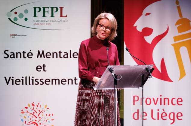 Queen Mathilde of Belgium delivers a speech at a royal working visit in Liege as part of Queen s activities in support of the Sustainable Development Goals (SDGs), Thursday 22 February 2024. The Queen will visit the CHC Mativa residence and will then take part in the Mental health and ageing symposium organised by the Liege psychiatric platform (PFPL) on the theme of mental health and ageing. CHC Mativa is a rest and care home that encourages intergenerational activities and involves its residents in its day-to-day running. BENOITxDOPPAGNE 86473607