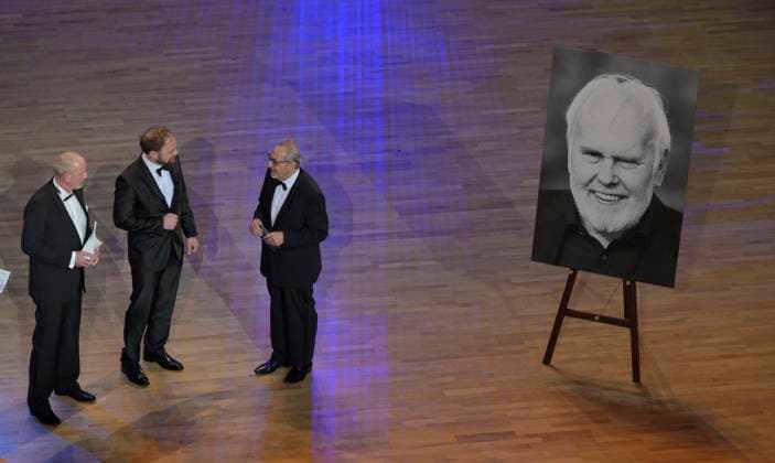 23 02 2024, 16 Semper Opera Ball, Dresden, Wolfgang Stumph, center, with the sons of the late entertainer Gunther Emmerlich, c Dresden Germany