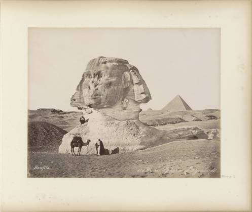 RECORD DATE NOT STATED Sfinx in van Gizeh piramids, Bonfils house, c. 1870 - C. 1898 photograph Part of travel album with 80 photos from Egypt. Giza cardboard. paper. photographic support albumen print pyramid (historical grave form). piece of sculpture, reproduction of a piece of sculpture (+ sculpture) Giza Copyright: xpiemagsx rknbpie11012024-22336 !ACHTUNG AUFNAHMEDATUM GESCHÄTZT!