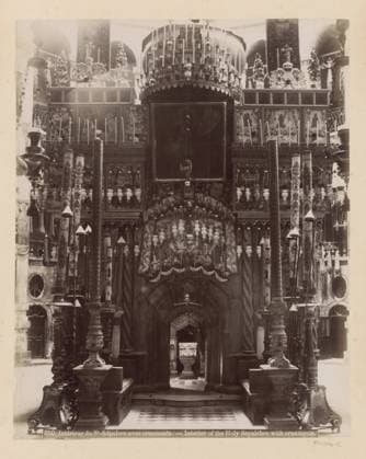 RECORD DATE NOT STATED Interior of the Heilig-Grafkerk in Jerusalem, Maison Bonfils, c. 1867 - c. 1895 photograph Part of Reisalbum with photos of Jerusalem and other biblical places. Jerusalem cardboard. paper. photographic support albumen print interior of church Jerusalem. Holy grave church Copyright: xpiemagsx rknbpie11012024-22436 !ACHTUNG AUFNAHMEDATUM GESCHÄTZT!