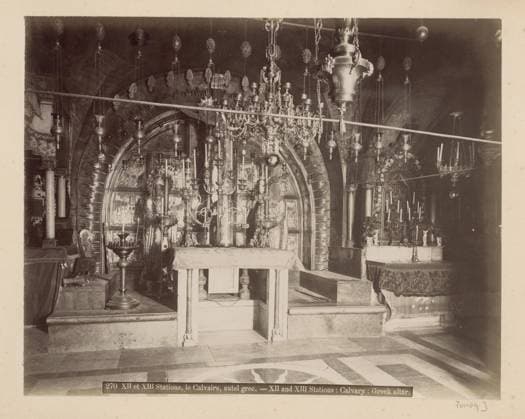 RECORD DATE NOT STATED Twelfth and thirteenth Stations of the Cross (Calvary) at the Greek altar in the Heilig-Grafkerk in Jerusalem, Maison Bonfils (attributed to), c. 1867 - c. 1895 photograph Part of Reisalbum with photos of Jerusalem and other biblical places. Holy grave church cardboard. paper. photographic support albumen print altar. stations of the cross Jerusalem. Holy grave church Copyright: xpiemagsx rknbpie11012024-22437 !ACHTUNG AUFNAHMEDATUM GESCHÄTZT!