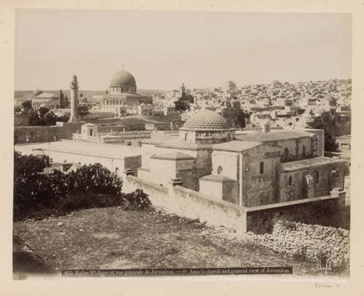 RECORD DATE NOT STATED View of Jerusalem with the Sint-Annakerk in the foreground, Maison Bonfils, c. 1867 - c. 1895 photograph Part of Reisalbum with photos of Jerusalem and other biblical places. Jerusalem cardboard. paper. photographic support albumen print church (exterior). prospect of city, town panorama, silhouette of city Jerusalem. Sint-Anna Church Copyright: xpiemagsx rknbpie11012024-22438 !ACHTUNG AUFNAHMEDATUM GESCHÄTZT!