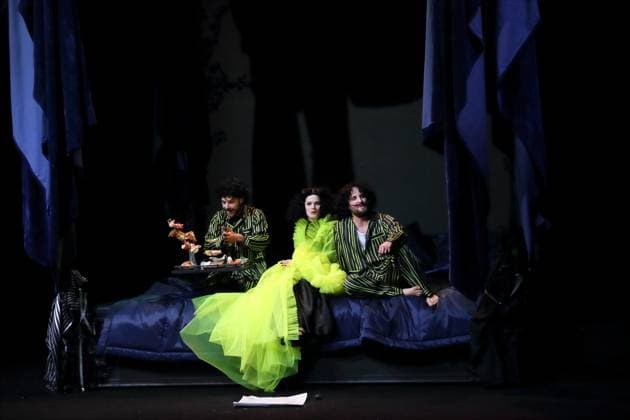 Damir Avdic as Mistingue , Julia Schubert as Norine and Bastian Reiber as Lenglume , f l , during the photo rehearsal for the play The Affair Rue de Lourcine at the Schaubühne am Lehniner Platz in Berlin, March 1, 2024 By Eugene Labiche Directed by Jan Bosse Stage Stephane Laime Costumes Kathrin Plath Premiere is on March 3, 2024 Schaubühne Berlin T