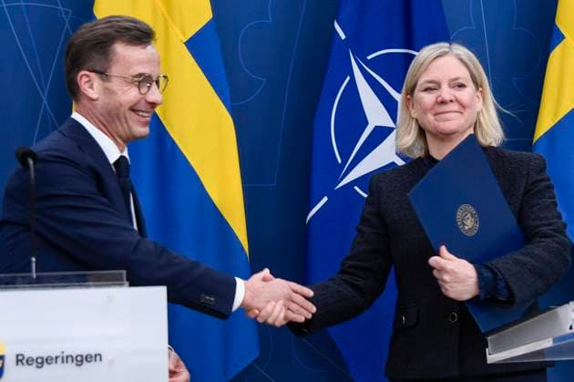 STOCKHOLM, SWEDEN 20240311 Prime Minister Ulf Kristersson M and Social Democratic Party leader Magdalena Andersson S hold a press conference on Swedens NATO membership STOCKHOLM SWEDEN x12060x  Copyright: xLarsxSchröder TTx PRESSTRÄFF NATO KRISTERSSON ANDESSON Ln31hKUcR1Y